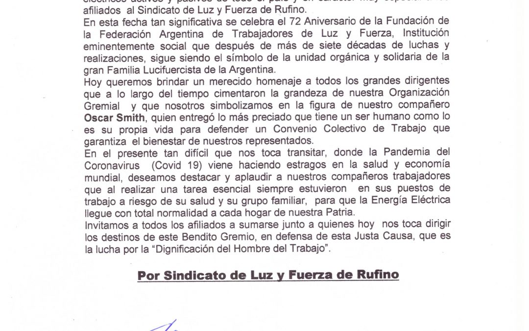 Comunicado: Día del Trabajador de la Energía Eléctrica