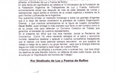 Comunicado: Día del Trabajador de la Energía Eléctrica