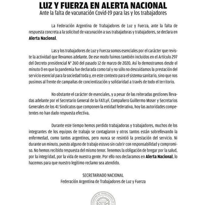 LUZ Y FUERZA EN ALERTA NACIONAL